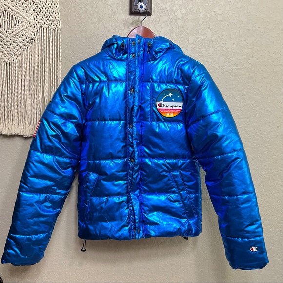 Champion X NASA men sz XS Metallic Puffer Jacket Blue Quilted - Picture 1 of 16